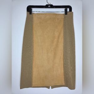 DKNY Size M Beige and Taupe Suede Leather Panel and Wool Pencil Skirt